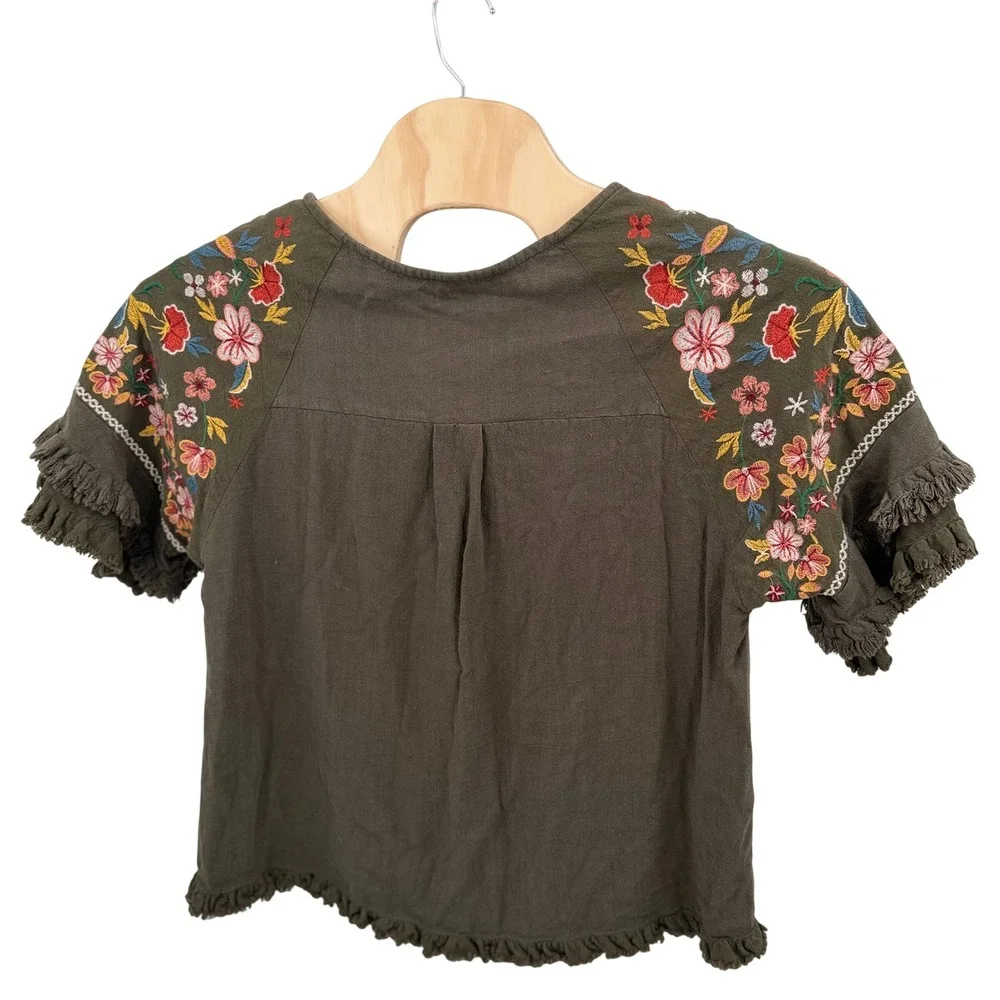 Umgee Womens L Top Shirt Olive Green Floral Embroidered Linen Blend Fringe - Picture 2 of 7